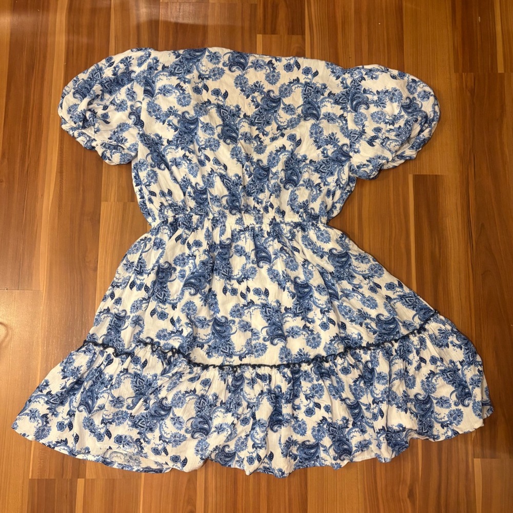 Francesca's Blue White Floral Paisley Scalloped Ribbon Puff Sleeve Mini Dress M - Picture 3 of 6